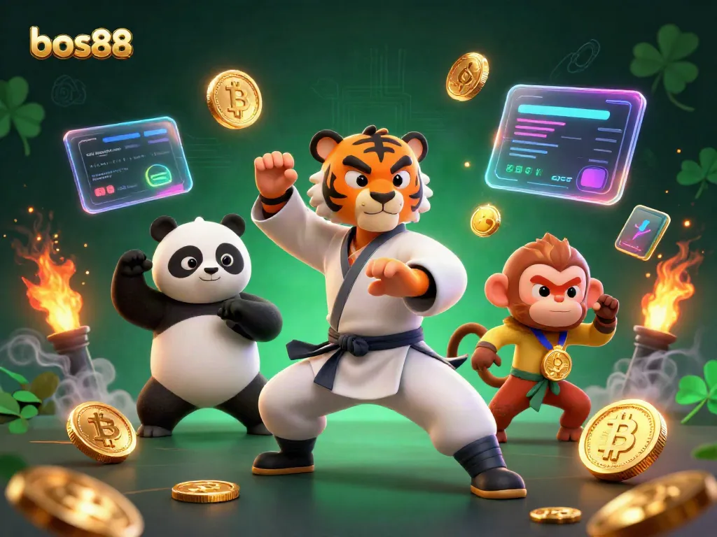 Engage with bos88's dynamic gaming experience illustrated by playful characters and vibrant digital elements.