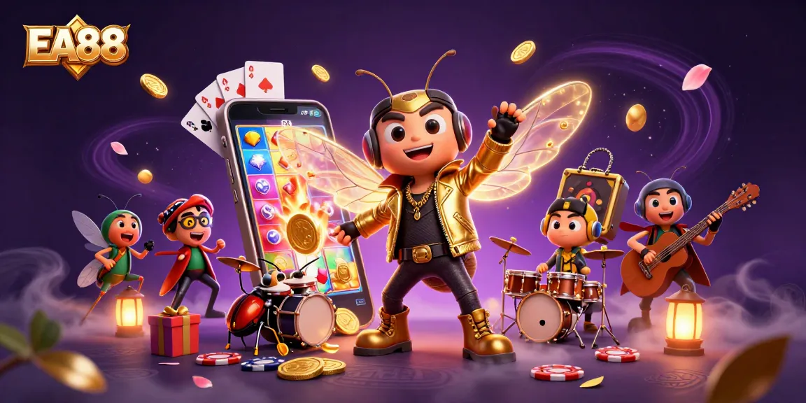 Experience EA88 action with vibrant slot games and lively characters in an exciting casino scene.