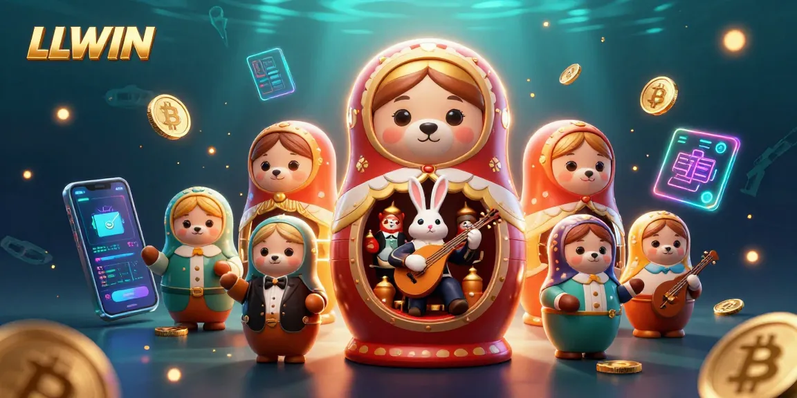 Experience the thrill of LLWIN as bears in casino outfits enter a vibrant gaming scene with cryptocurrency elements.