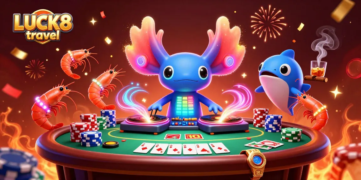 LUCK8 travel delivers an exhilarating casino scene with vibrant characters, poker games, and celebration elements.