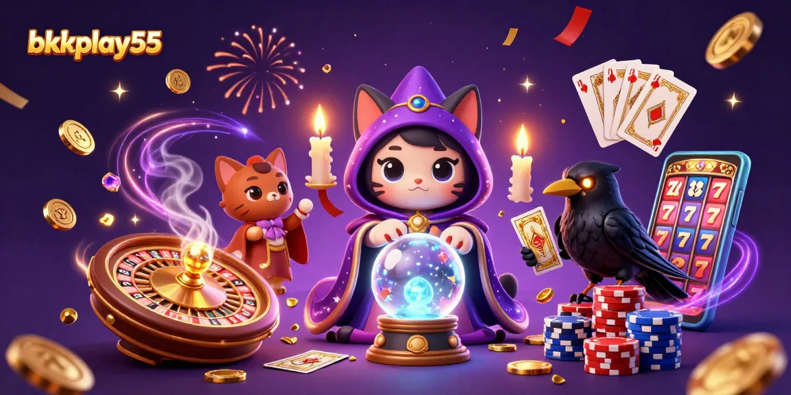 Experience the excitement of bkkplay55 with a mystical cat and tarot raven amidst casino riches.