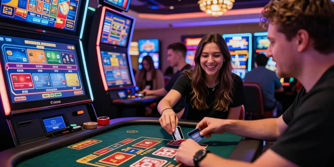Exciting scene showcasing players at credit card casinos at scoarch.org.uk, featuring vibrant slot machines and gaming tables.