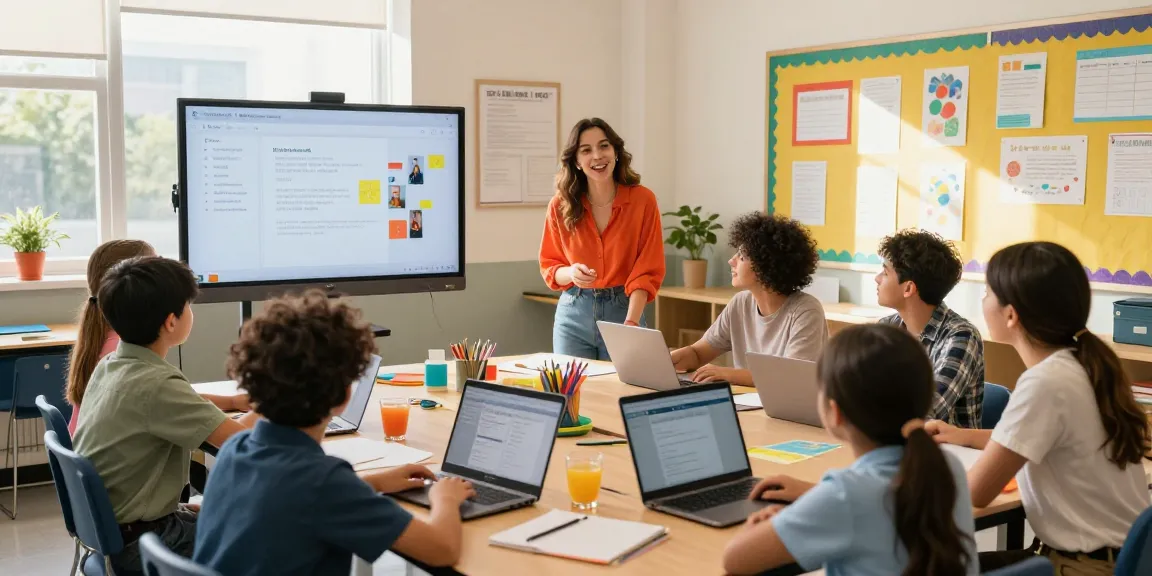 Interactive classroom with teacher using EMStudio, an online teacher planner for efficient lesson planning and classroom management.