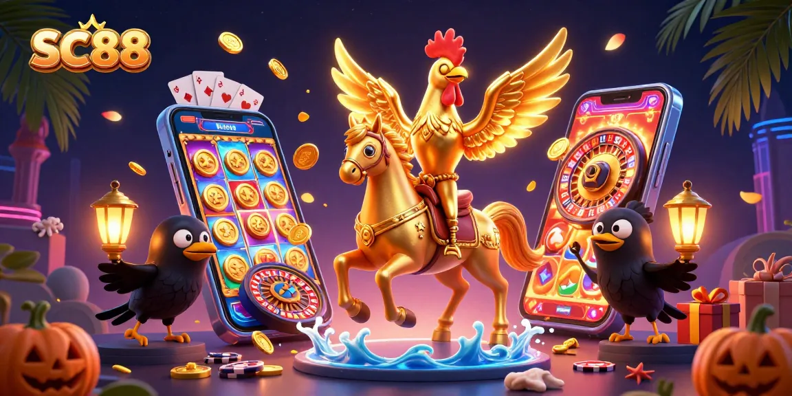 Experience thrilling wins at SC88 with a golden rooster riding a spectral horse amidst a vibrant casino.