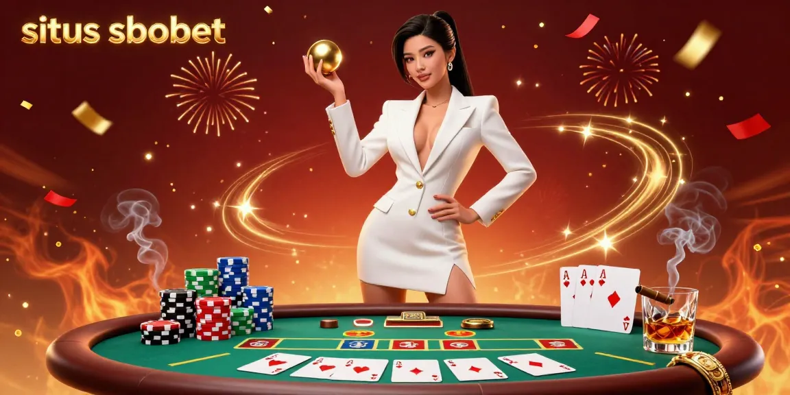Situs sbobet showcases an elegant Asian woman holding a golden roulette ball in a vibrant casino scene.