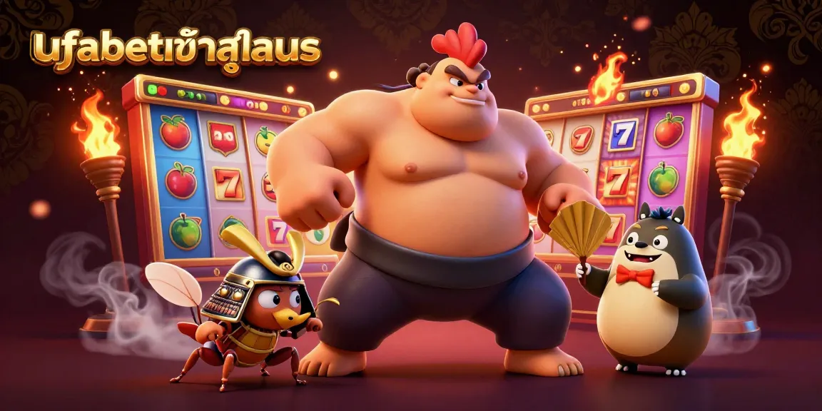 Experience the thrill of gaming with ufabetเข้าสู่ระบบ in this dynamic casino scene featuring a powerful sumo rooster and a fierce cricket.