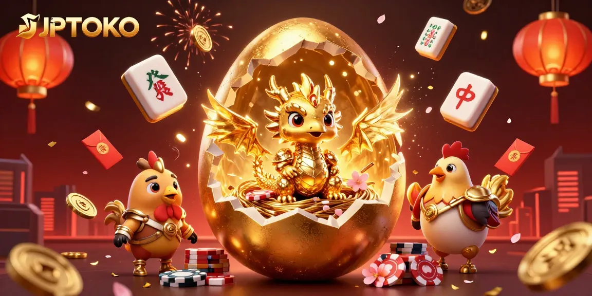 Experience the excitement of JPTOTO with a golden baby dragon emerging from an egg among poker chips, symbolizing thrilling gambling.
