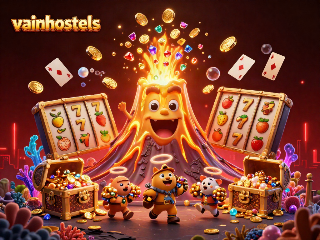 Play at vainhostels with dynamic slot reels and golden coins erupting in a magical casino scene.