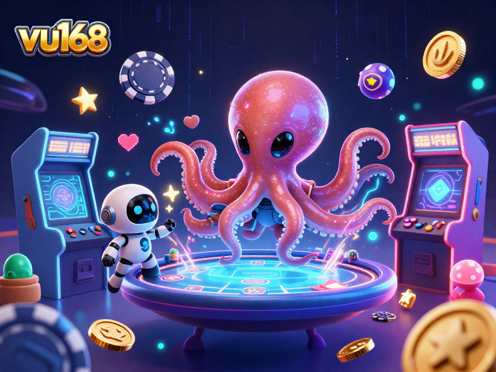 Experience thrilling moments with vu168 as an octopus and robot play holographic poker in a vibrant casino