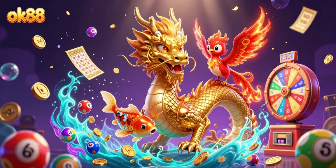 Experience the thrill of ok88 with a dynamic casino illustration featuring vibrant elements and mythical characters.