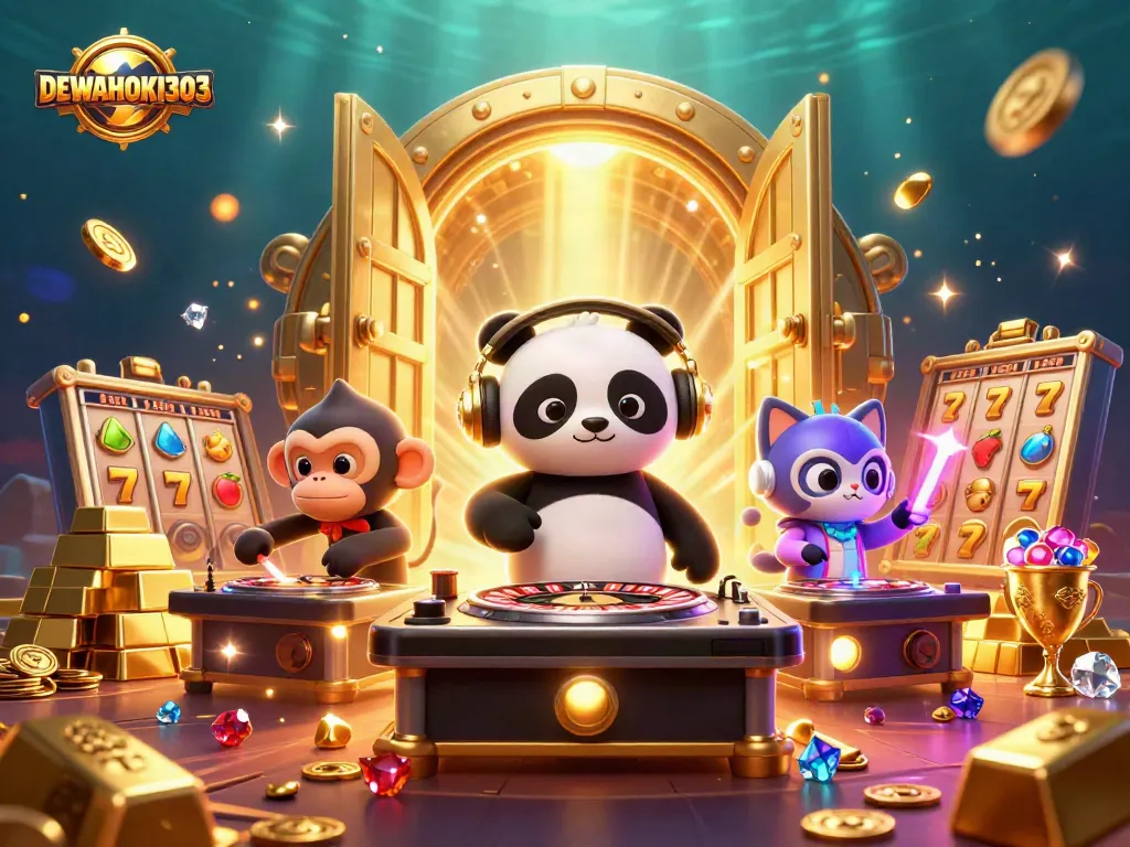 Gambarlah DEWAHOKI303 yang menampilkan DJ panda dan karakter kasino menyemarakkan permainan uang.