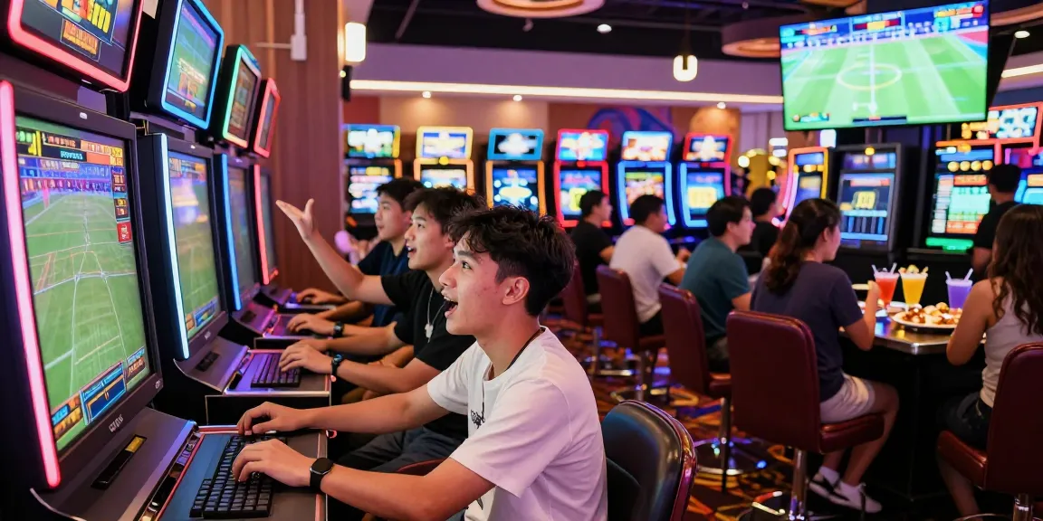 Suasana seru taruhan olahraga terjun4d di kasino, dengan kios dan layar digital.