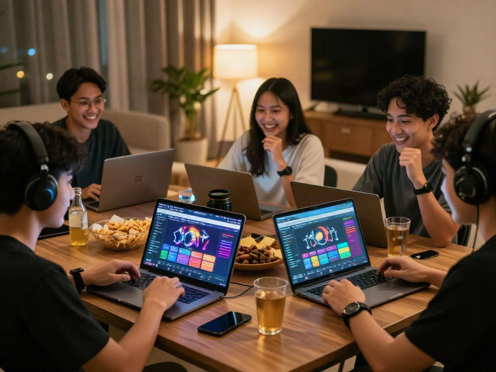 Friends using kebuntoto platform for online betting in a vibrant gaming atmosphere.