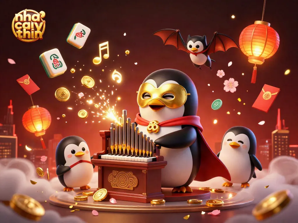 Experience the excitement of nha cai uy tin with a dynamic 3D cartoon scene featuring a penguin playing an organ that shoots coins.