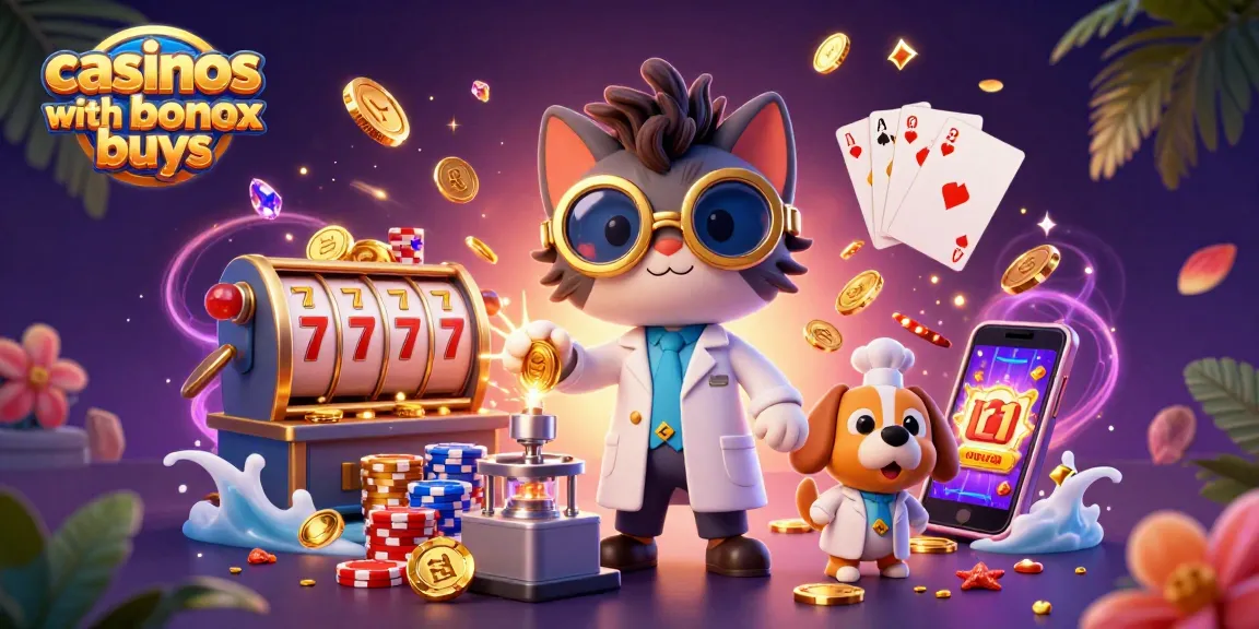 Experience fun in casinos with bonus buys featuring a cartoon scientist cat and dog amidst gold coins and slot reels.