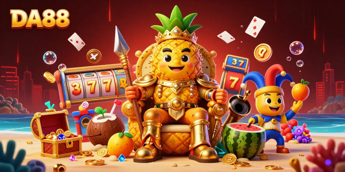 DA88 gaming scene featuring a pineapple king and tropical characters in vibrant beach casino.