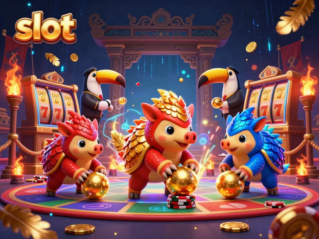 Rival pangolins rolling in a slot themed bowling game with poker chips.