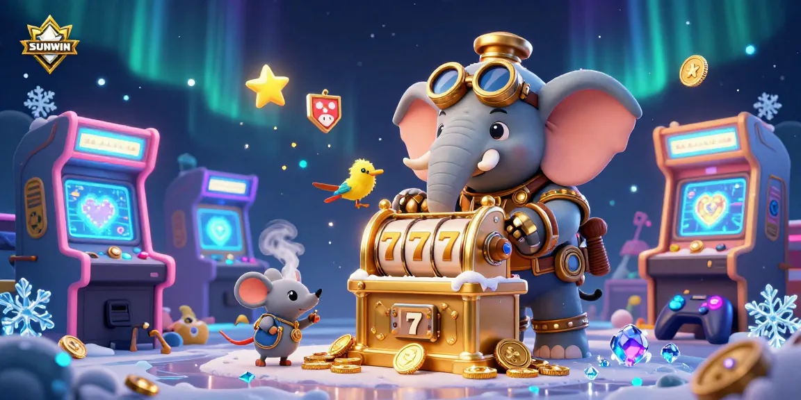 SUNWIN slot machine fun featuring a steampunk elephant engineer, vibrant game elements, and lively casino atmosphere.