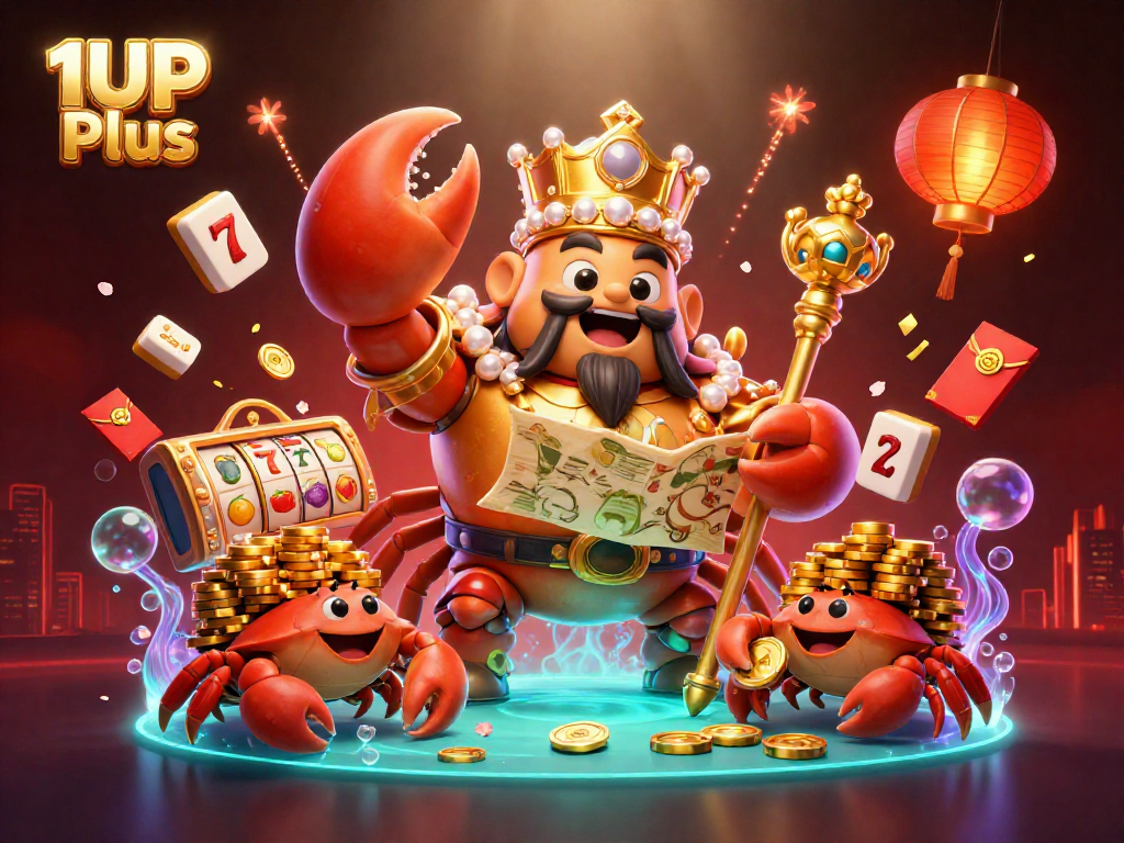 Experience exciting gameplay dynamics with 1UP Plus showcasing vibrant golden crab characters amidst slot machines and festive casino elements.