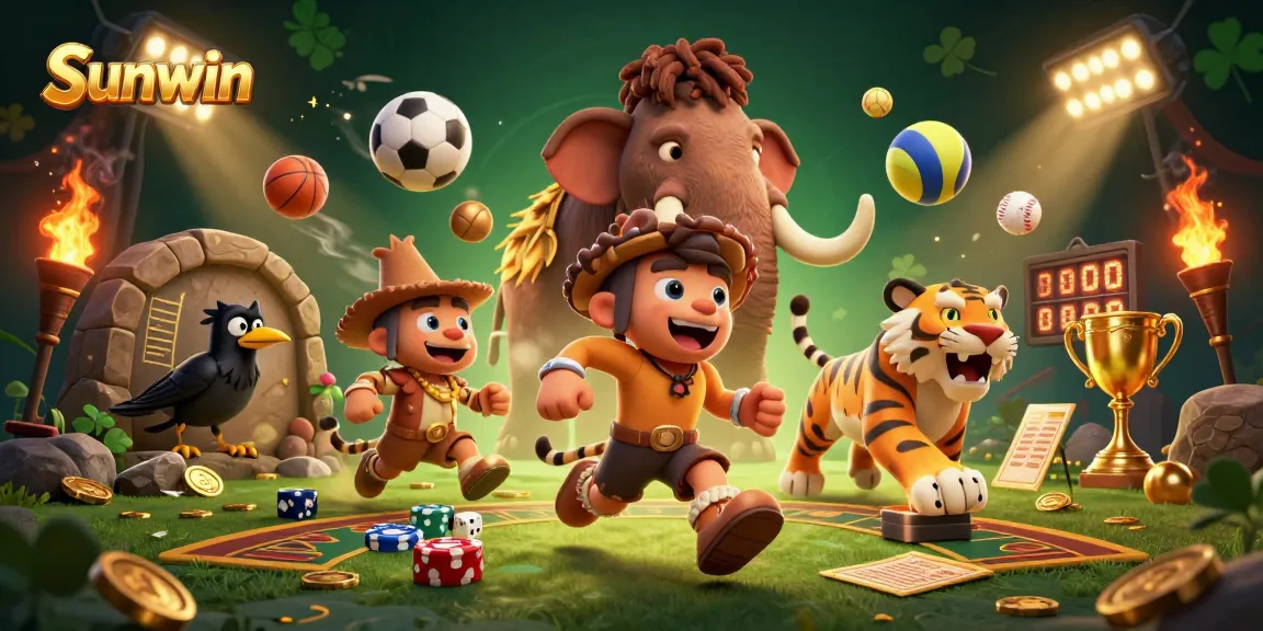 Experience the lively atmosphere of Sunwin’s prehistoric casino, where cavemen and a sabertooth tiger play games of chance.