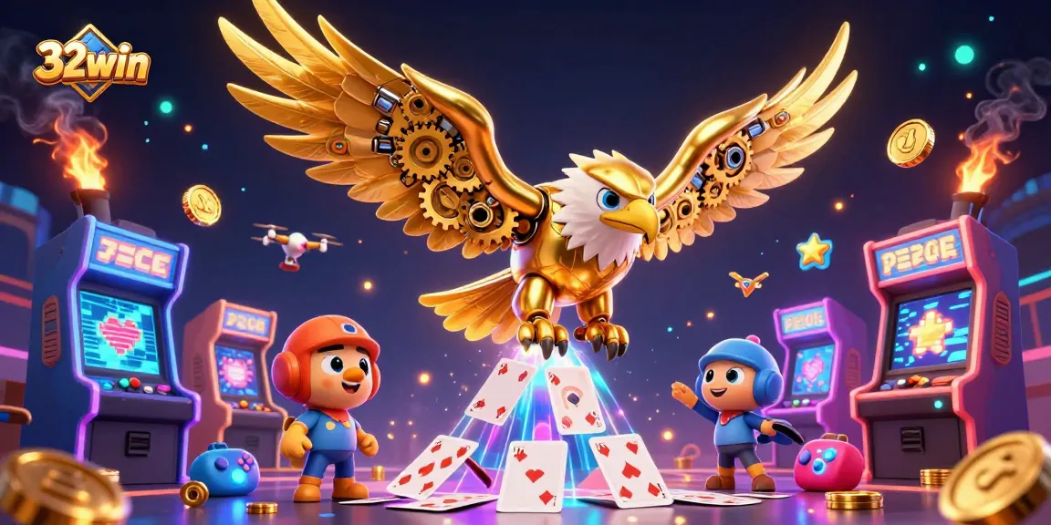Experience thrilling gameplay at 32win with a vibrant 3D casino scene featuring an eagle and arcade machines.