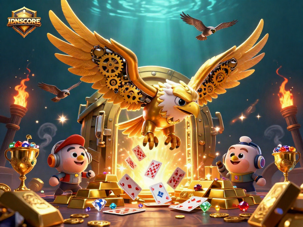 Experience IDNSCORE's thrilling dive into a vibrant, animated casino world with golden treasures and holographic cards.