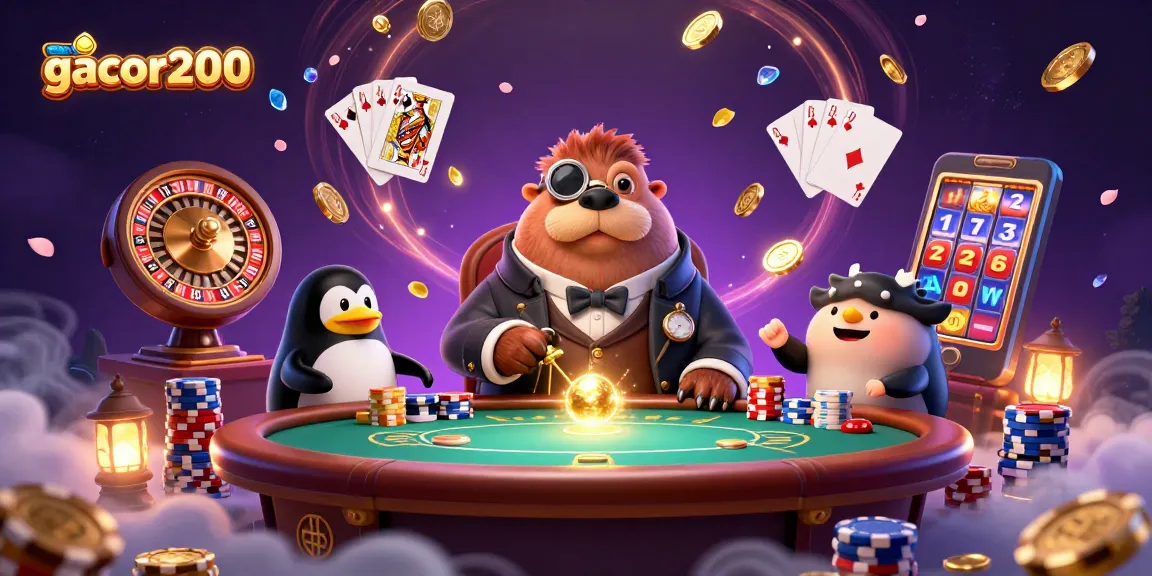 Gacor200: A fun poker scene underwater with a walrus, dealer penguin, and a bluffing pufferfish.