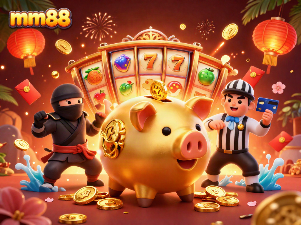 Win big with mm88 in this action-packed casino illustration featuring vibrant gaming elements.