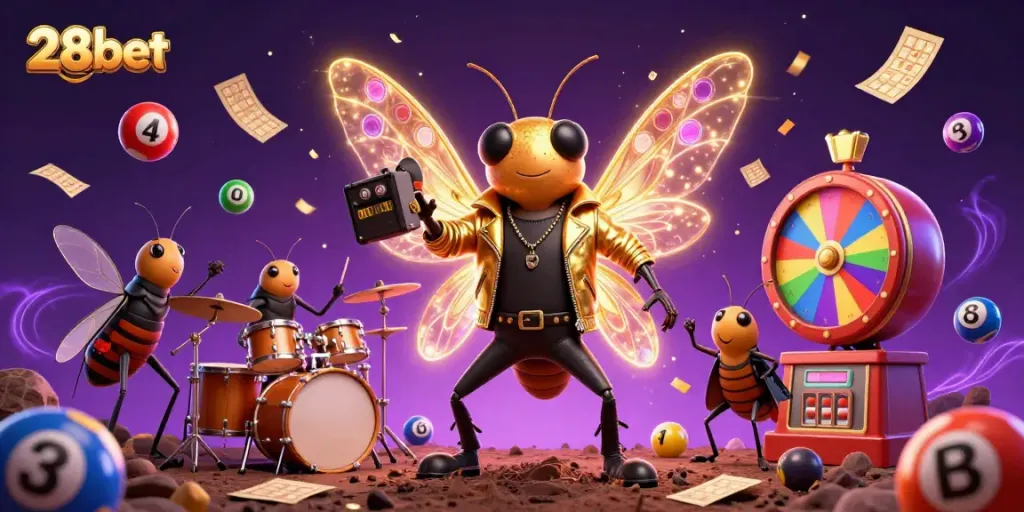 Experience thrilling action with 28bet, featuring a cartoon cicada rock star among a vibrant casino scene.