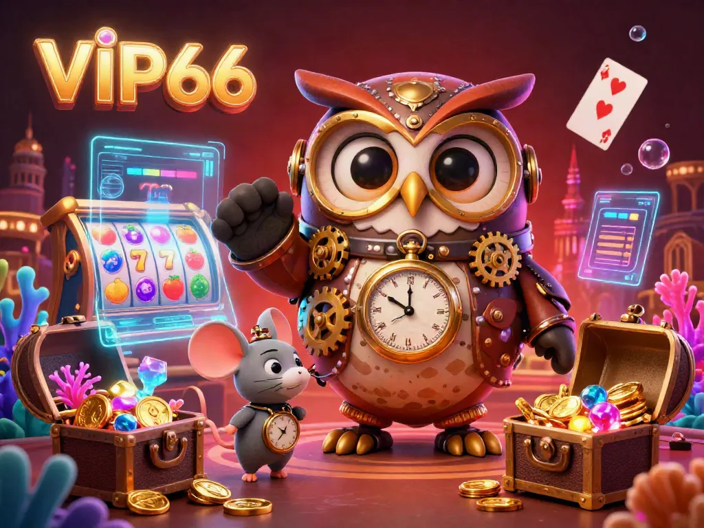 Experience VIP66 with a vibrant 3D casino scene featuring slots, gold coins, and steampunk characters.