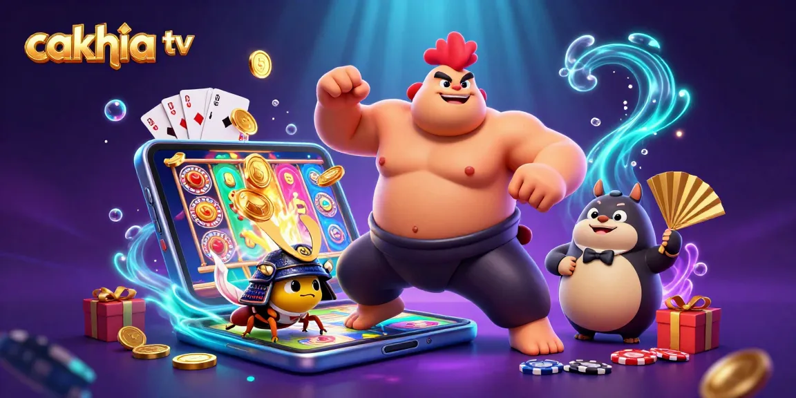 Cakhia TV showcases a dynamic 3D scene of roaring excitement, featuring a sumo wrestler rooster and a fierce cricket amidst vibrant gambling elements.