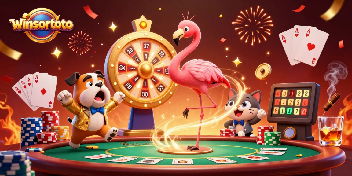 Join the excitement at winsortoto with a flamingo game show host and a lively casino backdrop.
