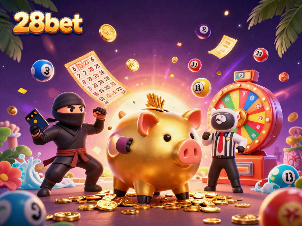 Engaging illustration of the 28bet casino world with dynamic characters and exciting game elements.