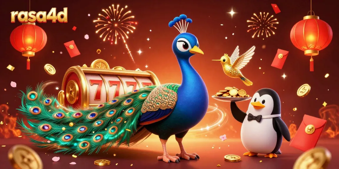 Menangkan jackpot dengan rasa4d di mesin slot yang menampilkan burung merak, penguin pelayan, dan banyak koin emas.