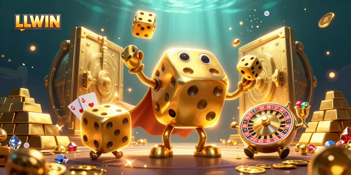 LLWIN players spin massive golden dice in a vibrant casino scene filled with treasures and excitement.