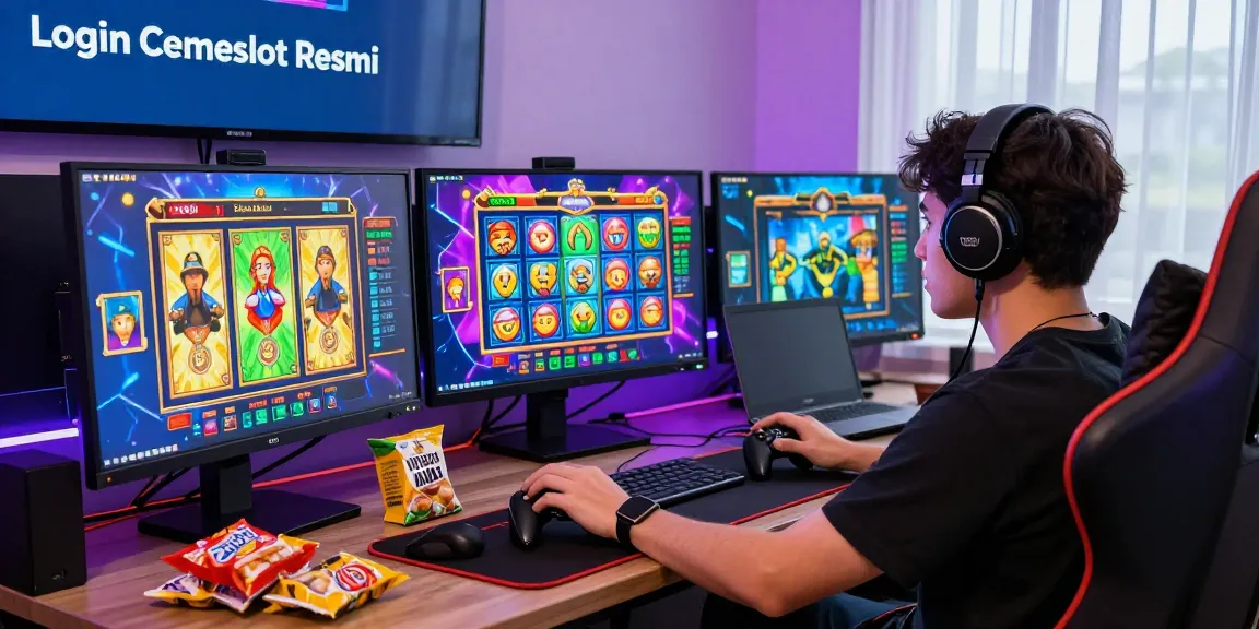 Login Cemeslot Resmi displayed on a digital screen in an energetic online gaming environment filled with vibrant slot game graphics.