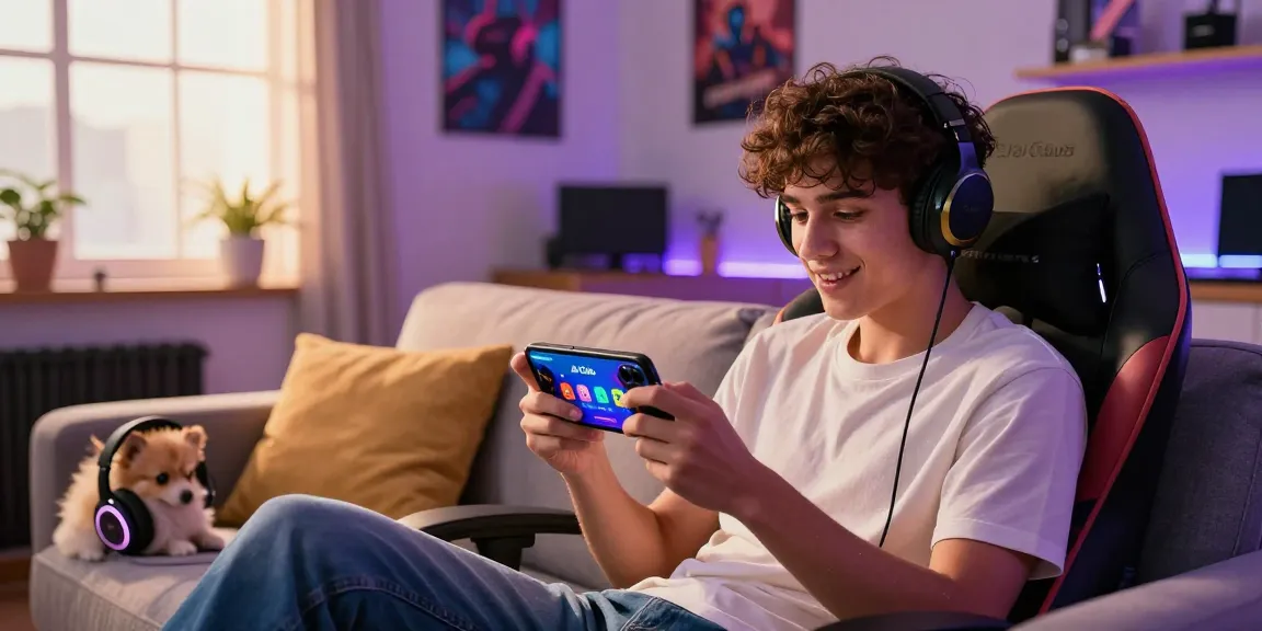 Young adult engaged with Jai Club gaming app, surrounded by gaming accessories in a cozy living room.