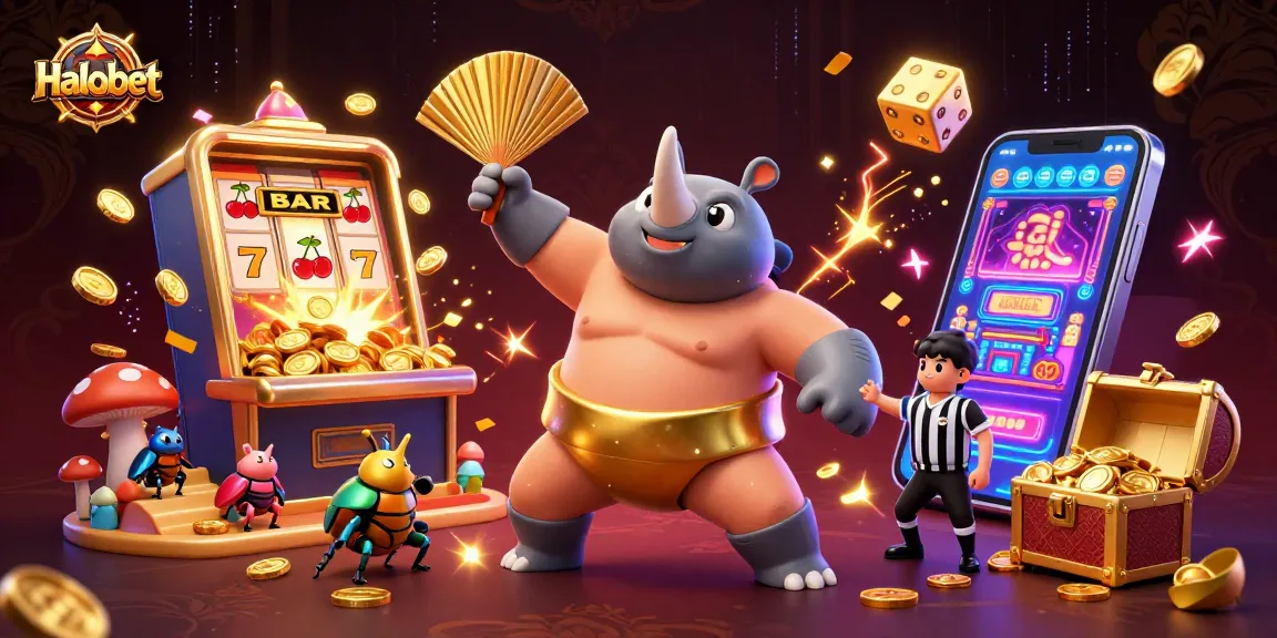 Halobet jackpot scene featuring a rhinoceros beetle sumo champion amidst vibrant casino elements.