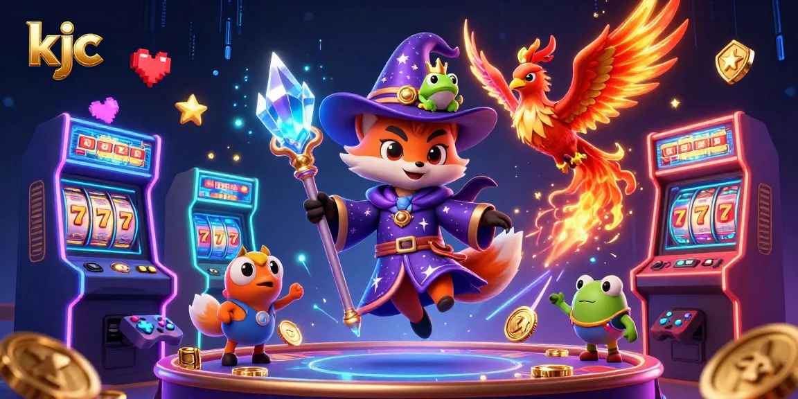 KJC's wizard fox and phoenix engage with slot machines amidst a vibrant casino atmosphere.