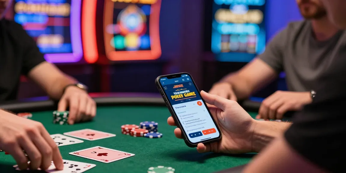 Player enjoying Poker Game app link on smartphone amidst poker chips and cards in a vibrant casino setting.