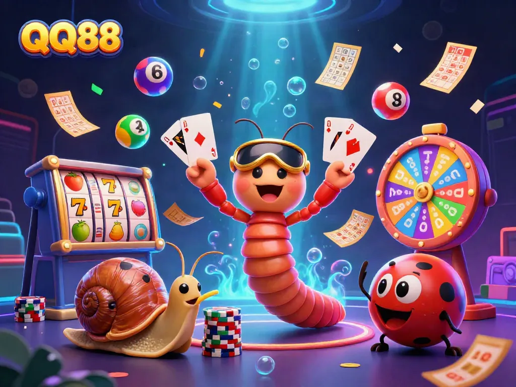 Experience QQ88's vibrant gambling energy with a 3D dealer and high-roller characters amidst exciting game elements.