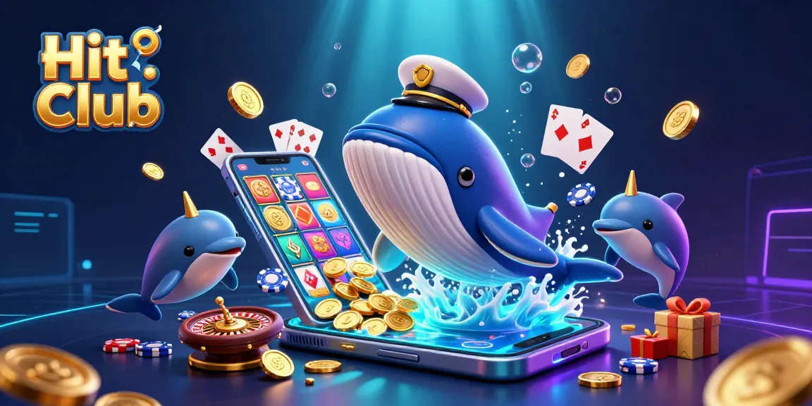 Hit Club showcases an exciting scene with a cartoon whale and playful dolphins amidst games and rewards.