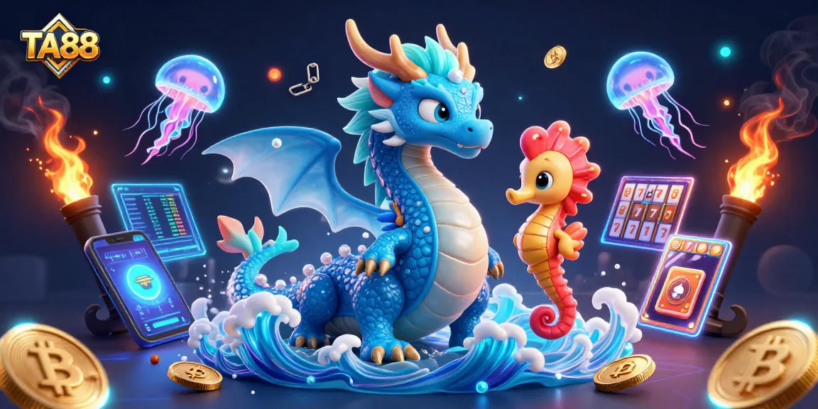 Play TA88 with a vibrant ocean scene showcasing a water dragon alongside crypto elements and slot game symbols.