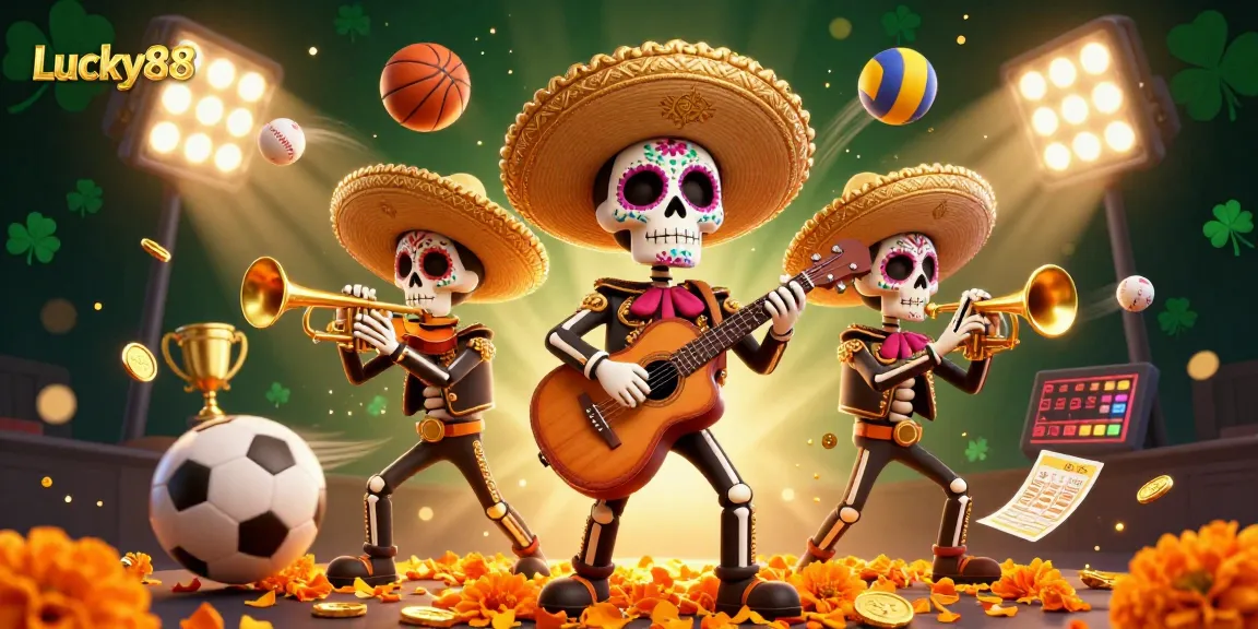 Lucky88 players engaging with thrilling sports elements and a mariachi band illustration.