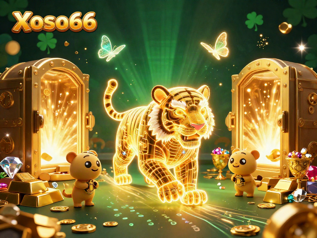 Xoso66 showcases a 3D cartoon golden tiger in an animated casino landscape with treasures and gems.
