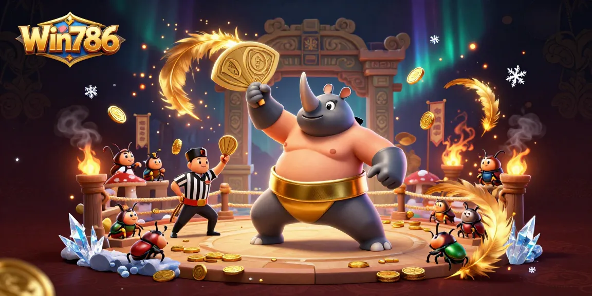 Win786 showcases a thrilling gaming scene with a rhinoceros beetle champion surrounded by excitement and golden coins.