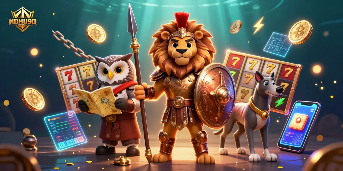 NoHU90 showcases a dynamic 3D casino scene with a heroic lion, owl, and greyhound amidst slot reels and crypto elements.