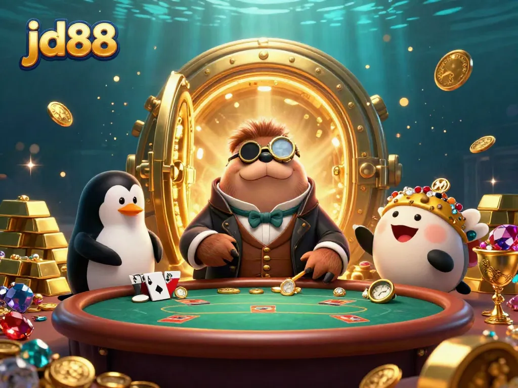 Engage with the vibrant world of jd88, featuring whimsical characters at an underwater poker table surrounded by riches.