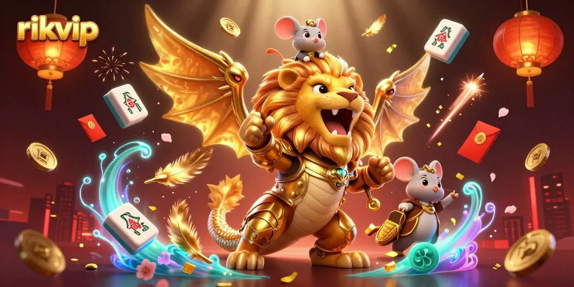 rikvip offers players an exhilarating casino experience with a roaring chimera and vibrant gaming elements in a captivating 3D scene.