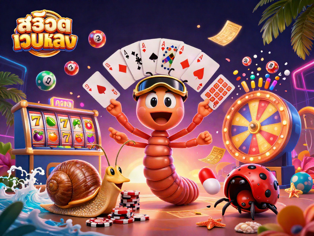 Experience the thrill of สล็อตเว็บตรง with a vibrant casino scene featuring a unique millipede dealer.